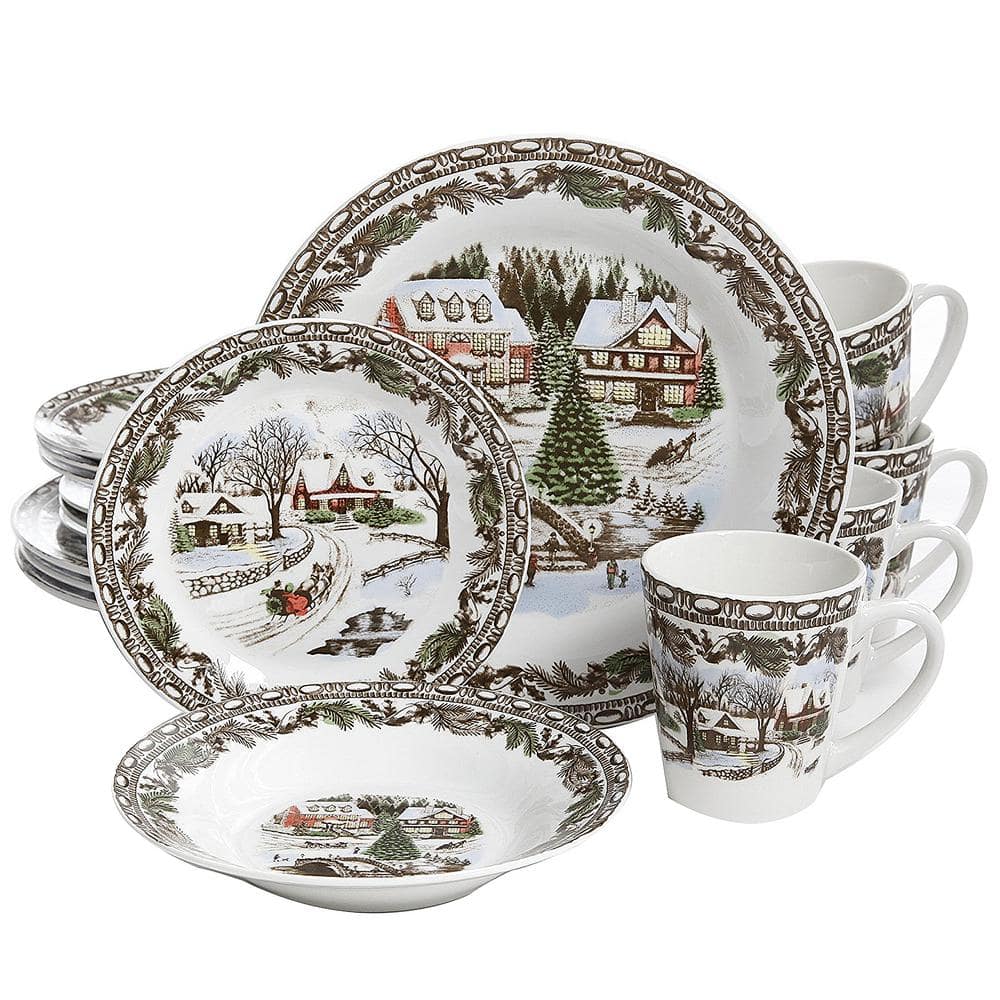 Multicolor Gibson Home Christmas Toile 16 Piece Dinnerware Set 