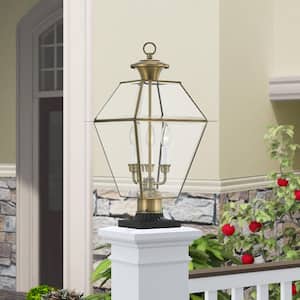 Ainsworth 22 in. 3-Light Antique Brass Cast Brass Hardwired Outdoor Rust Resistant Post Light with No Bulbs Included