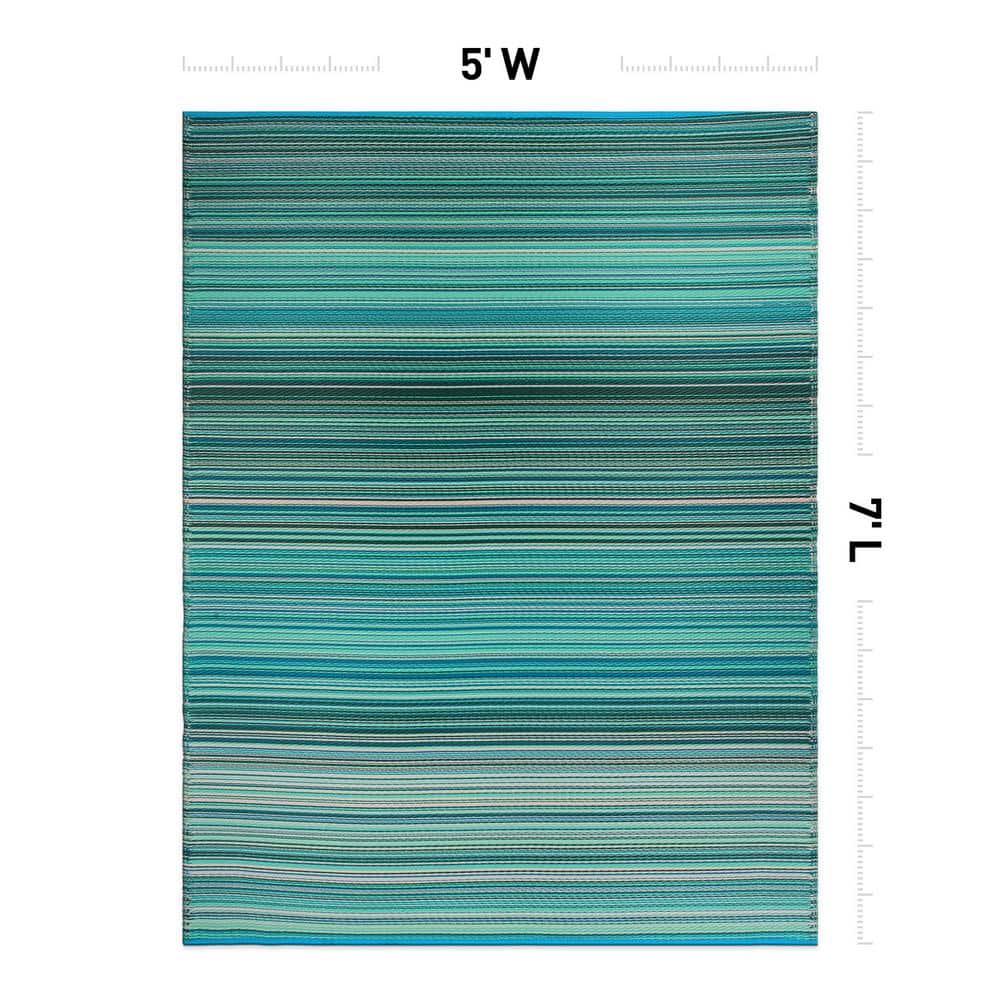 Blue Geometric Stripe Reversible Synthetic Indoor/Outdoor Rug 5' x 7'