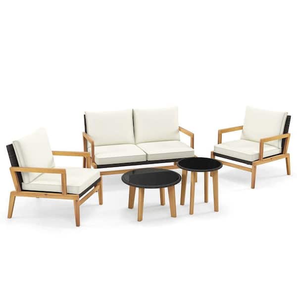 Costway 5-Piece Wicker Patio Conversation Set Solid Acacia Wood Frame with White Cushions