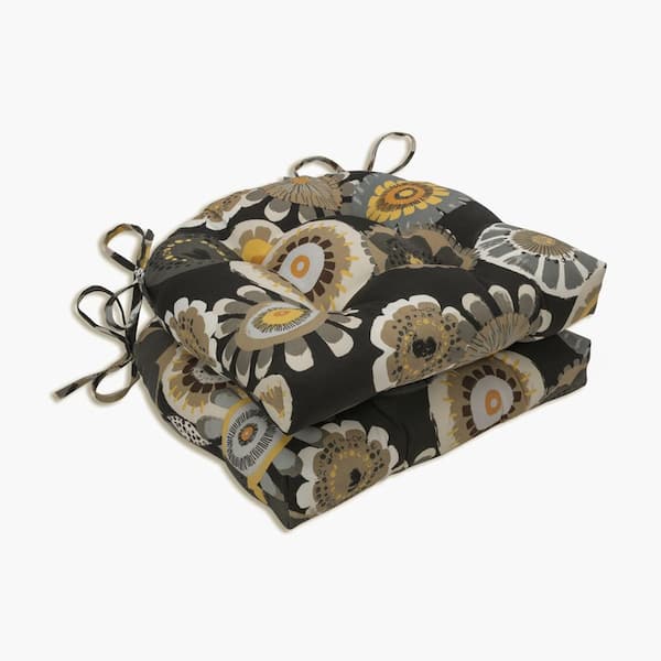 Pillow Perfect Floral 16 x 15.5 Outdoor Dining Chair Cushion in Black/Yellow (Set of 2)