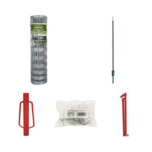 3 ft. x 132 ft. Steel Field Fence, 5 ft. T-Post, Post Driver, Clips, Puller