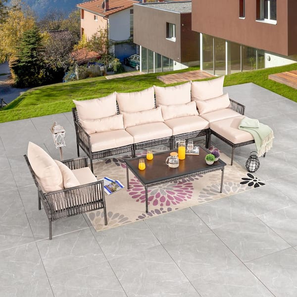 Patio Festival 7-Piece Wicker Outdoor Conversation Set with Beige Cushions