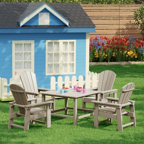Children's Laguna Outdoor Patio All Weather Plastic 5-Piece Kids Adirondack Square Picnic Table Dining Set in Sand