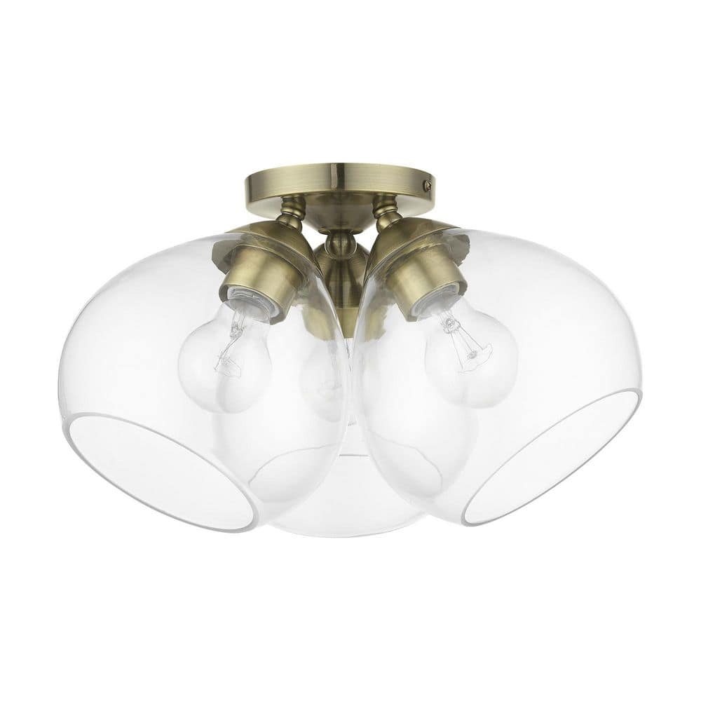 Antique Brass and Clear Glass 3-Light Semi-Flush Mount