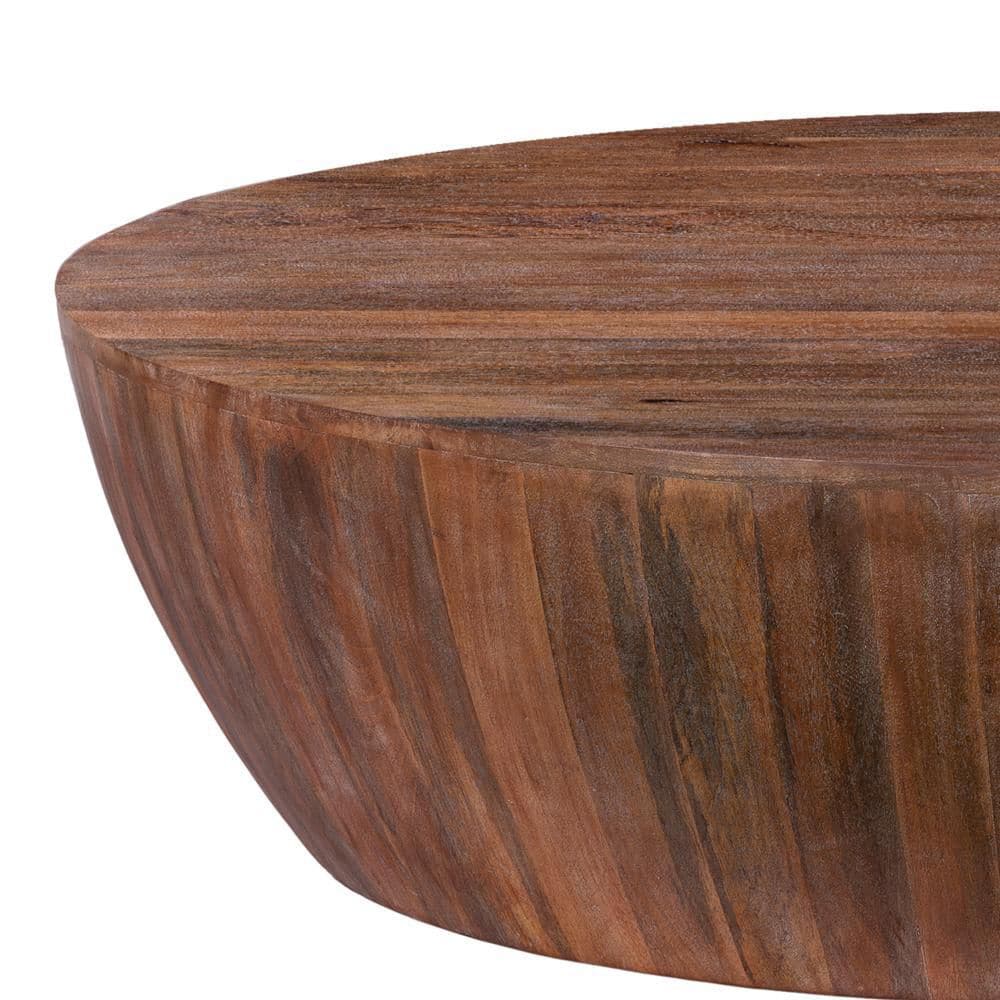 Rustic Drum-Shape Handcarved Mango Wood Coffee Table, Raw Brown