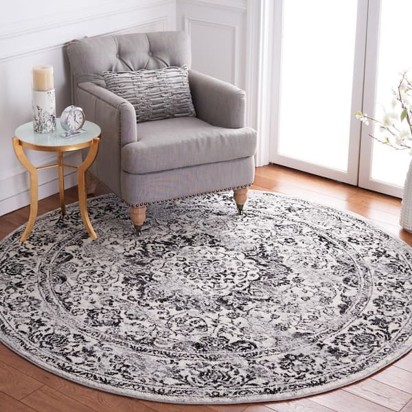 Tulum 3 ft. x 3 ft. Ivory/Black Distressed Abstract Floral Round Area Rug