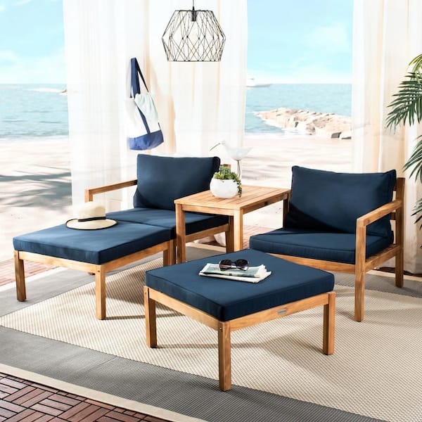 SAFAVIEH Pratia Natural Brown 5-Piece Wood Outdoor Day Bed with Navy Cushions