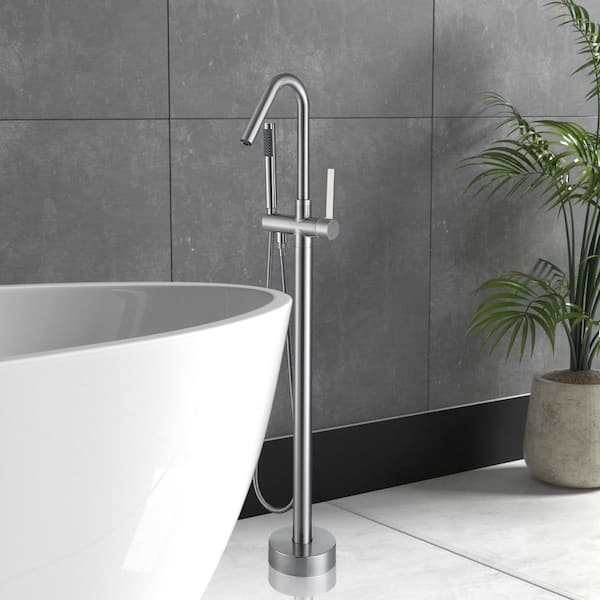 Single-Handle Freestanding Bathtub Faucet Filter with Handheld Shower in Brushed Nickel