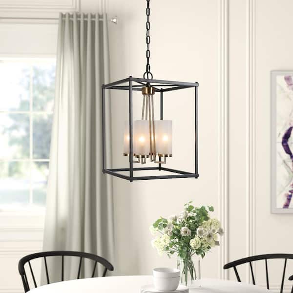 Modern Lantern Chandelier Light 4-Light Electroplate Brass & Matte Black Cage Chandelier Light with Frosted Glass Shade