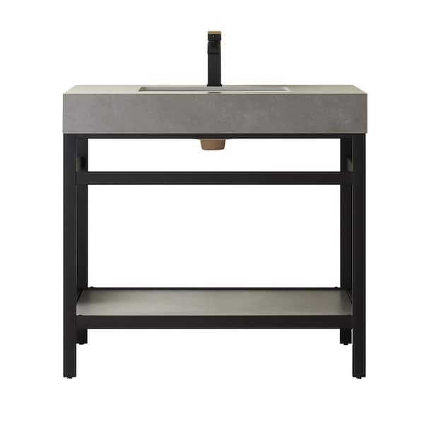 Funes 36 in. W x 22 in. D x 33.9 in. H Single Sink Bath Vanity in Matt Black Metal Stand with Grey Sintered Stone Top