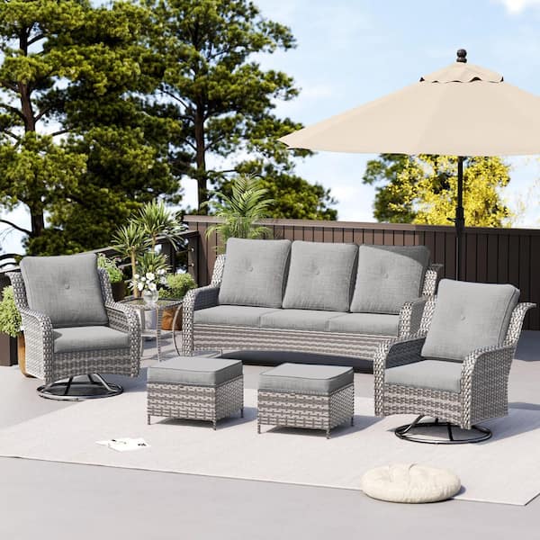Light Gray (PE) Rattan Metal Frame 6-Piece Outdoor Conversation Set with Gray Cushions