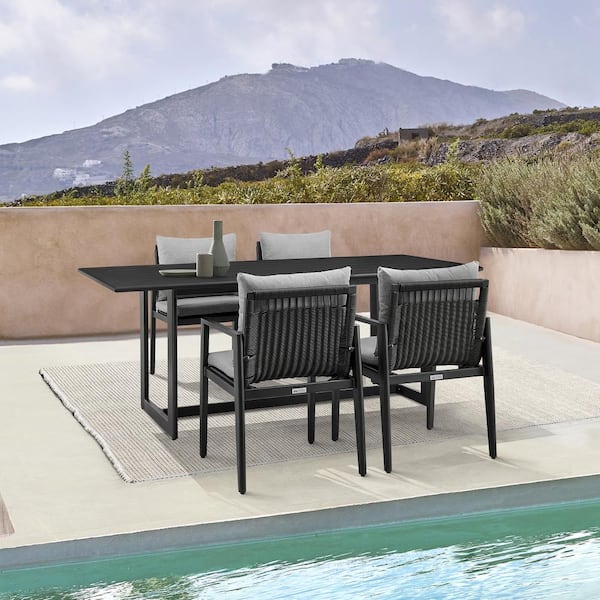 Armen Living Grand Black 5-Piece Aluminum Outdoor Dining Set with Grey Cushions