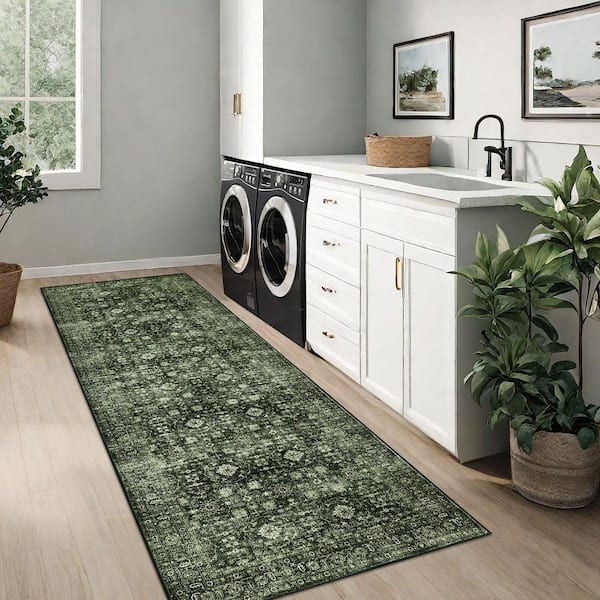 Traditional Floral Green 2 ft. x 6 ft. Low Pile Non Slip Thin Carpet Soft Foldable Indoor Carpet Bedroom Office Area Rug