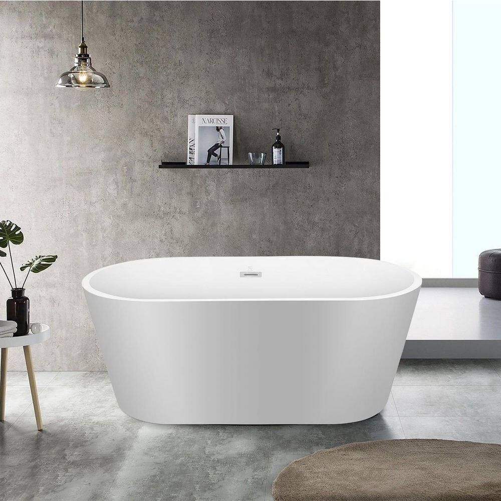FORCLOVER 59 in. Acrylic Flatbottom Alcove Freestanding Soaking Bathtub