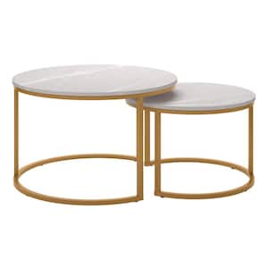 Forth Worth 29 in. White and Gold Marble Round Wood Nesting Coffee Table