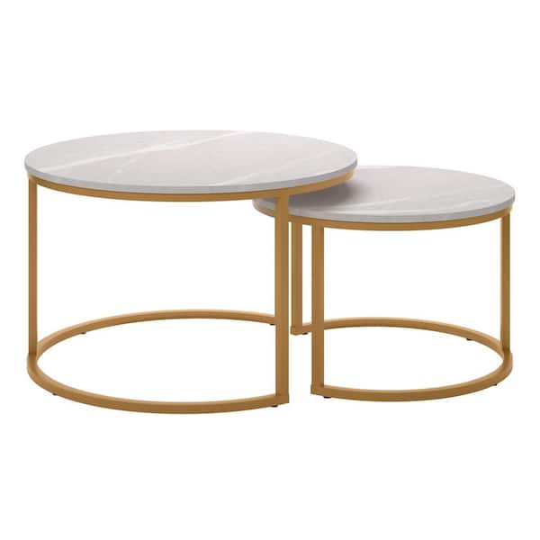 CorLiving Forth Worth 29 in. White and Gold Marble Round Wood Nesting Coffee Table