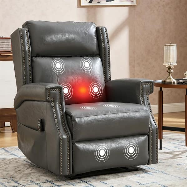 Chelsea Grey Faux Waxed Leather Upholstered Manual Recliner Chair with Massage, Lumbar Heat and Nailhead Trim