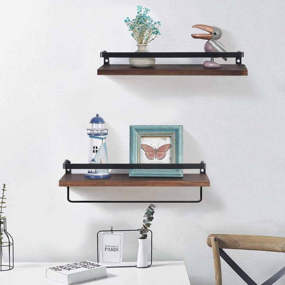 Brown Wood Floating Wall Shelves with Towel Rack