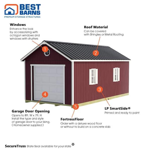 Best Barns - Tailored Titan 12 ft. x 24 ft. Wood Garage Kit with High Side Walls and Tasteful Gable Roof Design