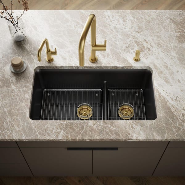 Cairn Matte Black Granite Composite 33 .5 in. Double Bowl Undermount Kitchen Sink