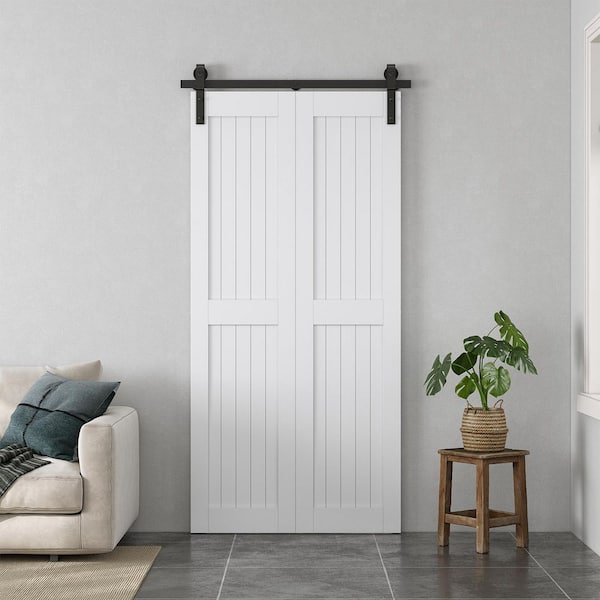 24 in. x 84 in. Bi-Fold Paneled H Shape White Finished MDF Sliding Barn Door with Hardware Kit