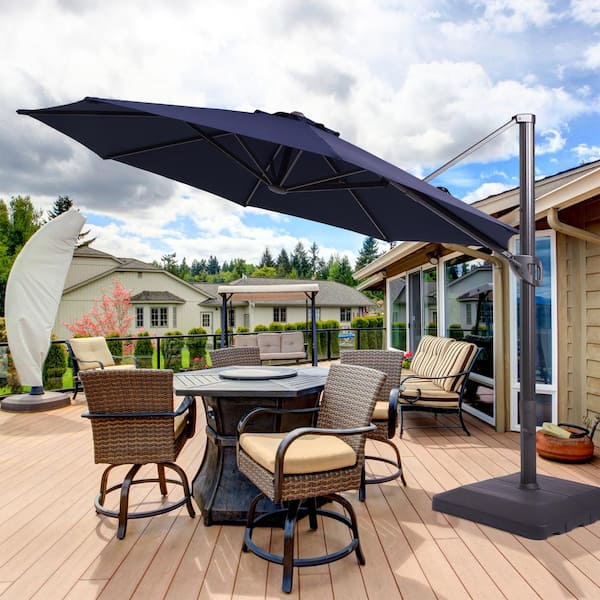 Sonkuki 11 ft. Aluminum Cantilever Patio Offset Umbrella Outdoor with a Base in Navy Blue
