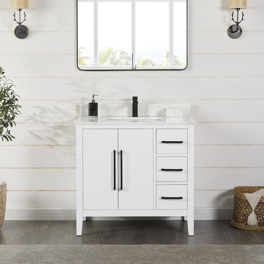 Laurel 36" White Wood Vanity with Calacatta Quartz Countertop
