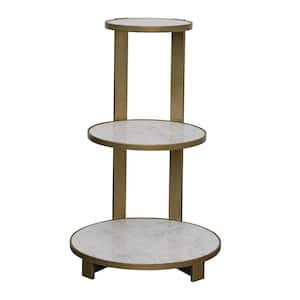 19 in. Antique Brass Finish and White Round Marble End Table with 3-Tier Shelves