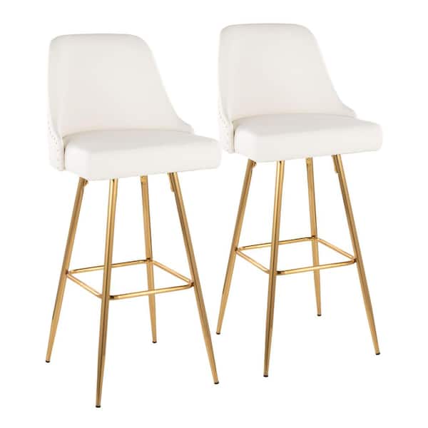 Studded Marcel 30" Gold Metal and White Faux Leather Fixed-Height Bar Stool with Square Footrest (Set of 2) LYW