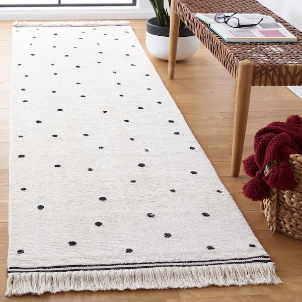 Easy Care Ivory/Black 2 ft. x 9 ft. Machine Washable Pokat Dot Border Solid Color Runner Rug