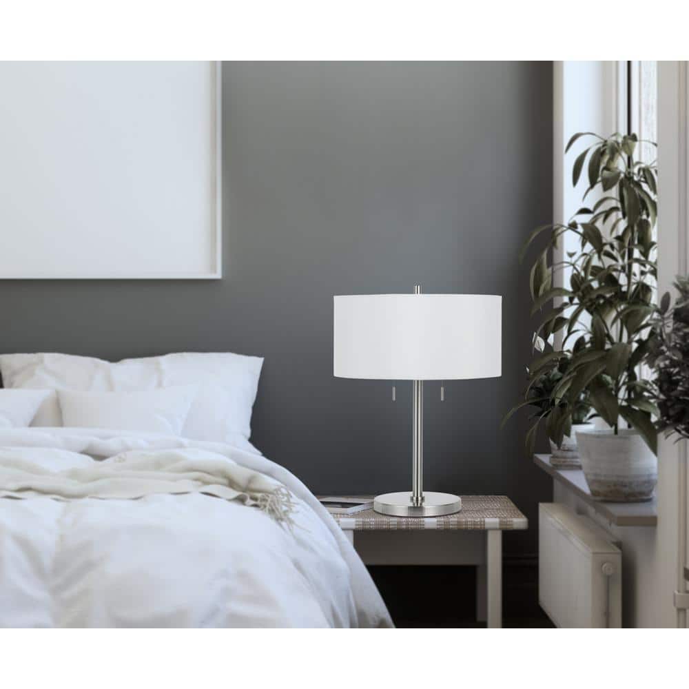 24" Nickel Metal Two Light Table Lamp with White Linen Shade