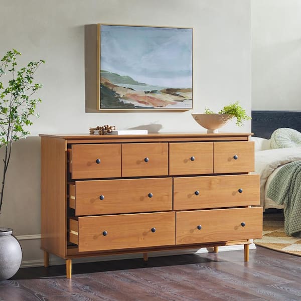 Classic Mid-Century Modern Caramel 6-Drawer 57 in. Solid Wood Dresser