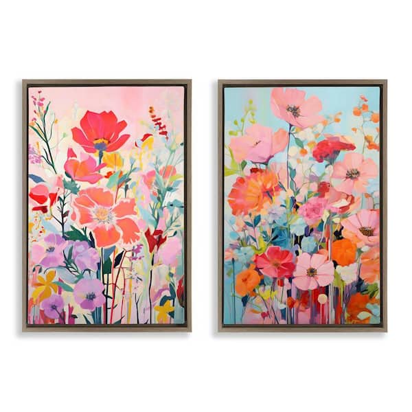 Stupell Industries Bright Contemporary Flowers by LSR Design Studio 2-Pieces Brown Floater Frame Nature Graphic Art Print 25 in. x 17 in.