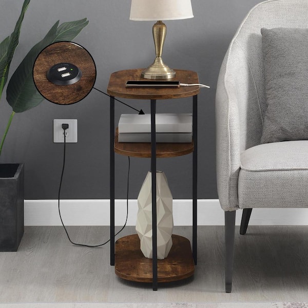 Convenience Concepts Designs2Go Simon 23.75 in. W Barnwood and Black Wood 3 Tier Oval Chairside End Table with USB Ports