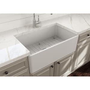 Classico Farmhouse/Apron Front Fireclay 30 in. Single Bowl Kitchen Sink with Bottom Grid and Strainer in Matte White