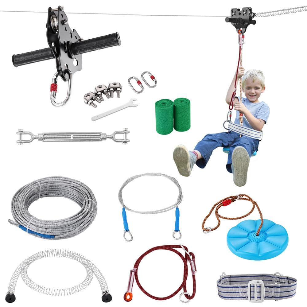 VEVOR Zip Line 120 ft. Backyard Zipline Kit with Seat, Brake and Steel Trolley Warrior Obstacle Course for Kids
