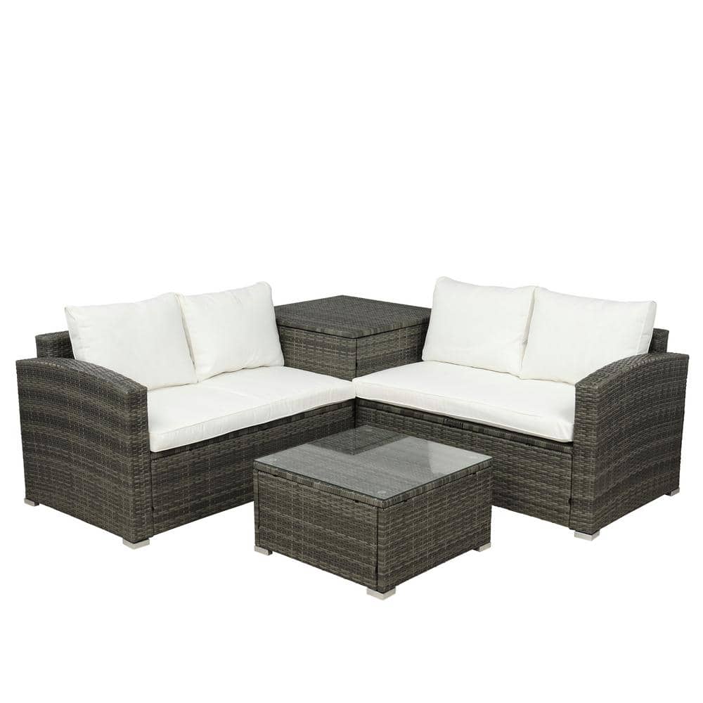 FORCLOVER 4-Piece Wicker Outdoor Patio Sectional Sofa Set with Beige and Cushions Side Table Storage Box -  LYF-TPMAA008