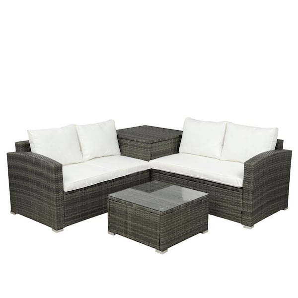 FORCLOVER 4-Piece Wicker Outdoor Patio Sectional Sofa Set with Beige and Cushions Side Table Storage Box