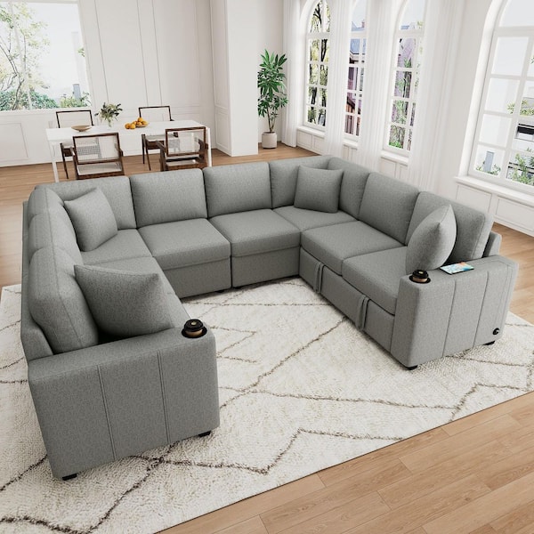 Marvello Modern 108.7 in. Chenille Upholstered U-shaped Sectional Sofa in. Gray, Pull-out Sofa Bed with Cup Holders