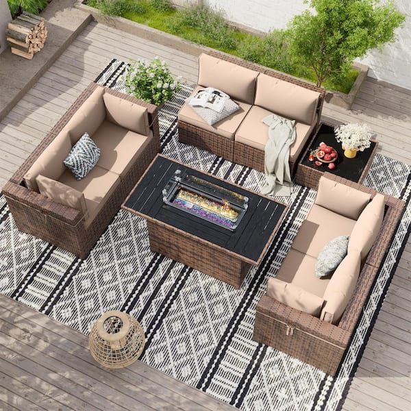 Poteban 8 Piece Brown Wicker Outdoor Sectional Set with Fire Pit Table, Coffee Tables and Khaki Cushions