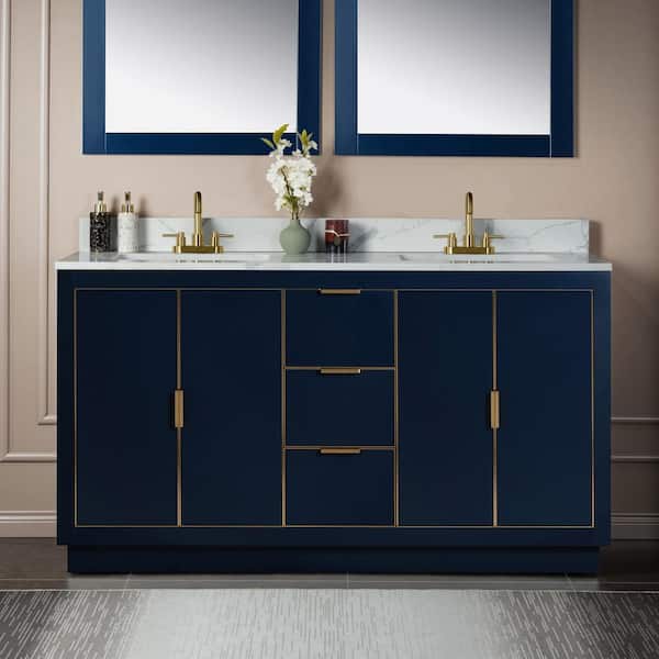 WOODBRIDGE Venice 61 in.W x 22 in.D x 38 in.H Bath Vanity in Navy Blue with Fish Belly Engineered Stone Vanity Top with White Sink