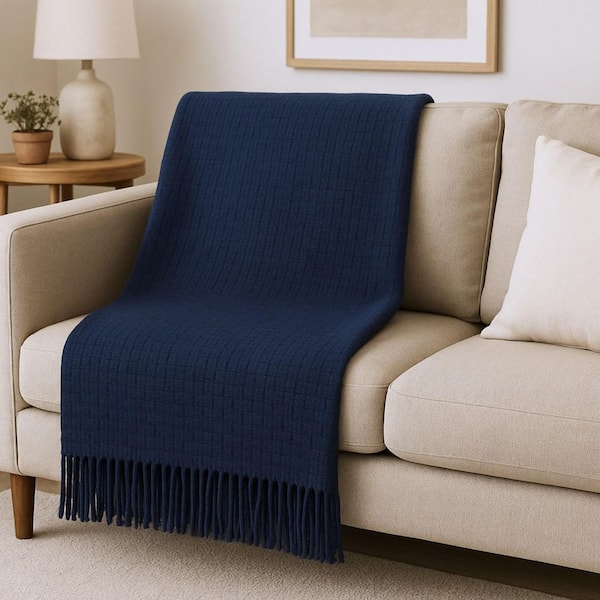 Navy Blue Solid Color Cotton Blend Throw Blanket