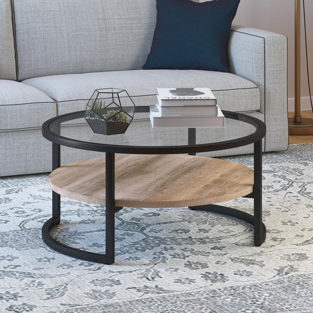 Elegance 34'' Round Limed Oak Coffee Table with Glass Top