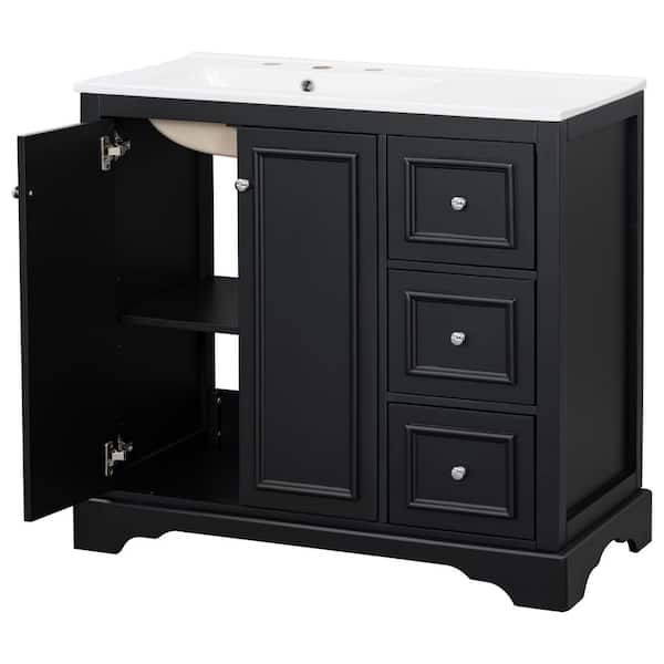 36 in. Single Sink Freestanding Black Bath Vanity with White Ceramic Top, 3 Drawers (One Divided), Unassembled