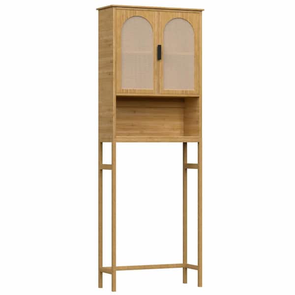 Yellow Bamboo Over-The-Toilet Storage Cabinet 24.4 in. W x 66.9 in. H x 9.5 in. D with 3-Shelf and Rattan Doors