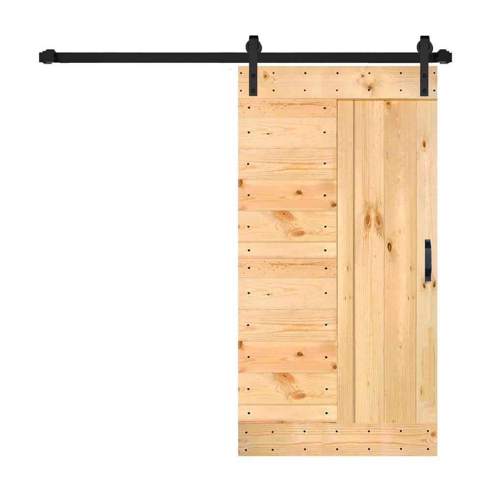 Unfinished Solid Knotty Pine Sliding Barn Door Kit with Black Hardware