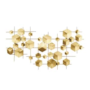 36 in. x  20 in. Metal Gold 3D Cube Relief Geometric Wall Decor