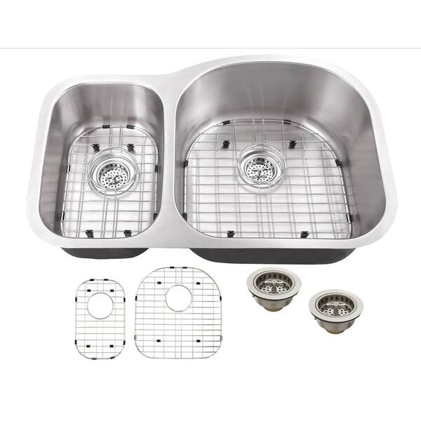 Schon Undermount 16-Gauge Stainless Steel 32 in. 0-Hole 30/70 Double Bowl Kitchen Sink with Grid Set and Drain Assemblies