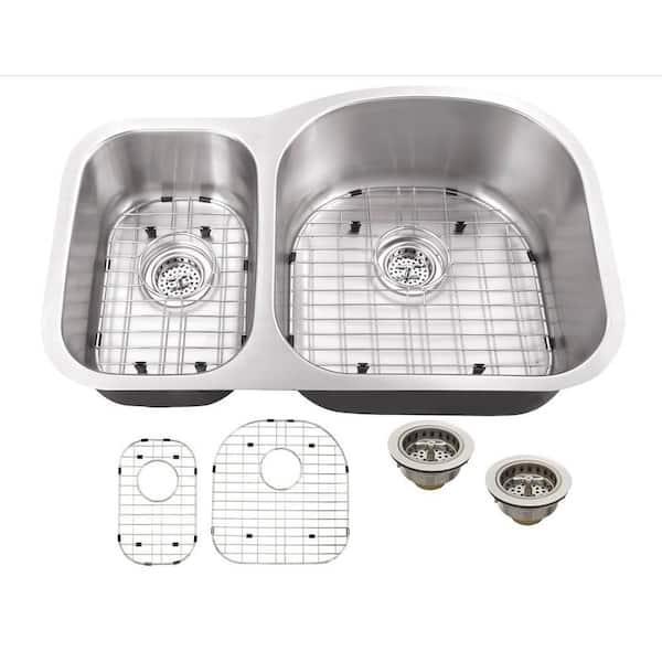 Schon Undermount 18-Gauge Stainless Steel 32 in. 0-Hole 30/70 Double Bowl Kitchen Sink with Grid Set and Drain Assemblies
